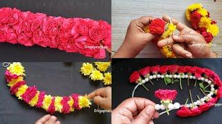 4 different flower garlands/Beautiful mala at home/Easy Chrysanthemum and rose flower garland/pooja