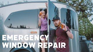 Broken Airstream Window in the California Mountains