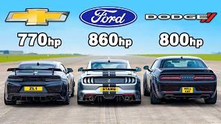 Ford Mustang v Chevy Camaro v Dodge Hellcat Redeye: DRAG RACE