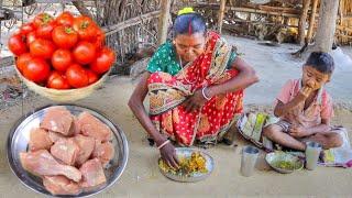 TOMATO CHICKEN CURRY cooking & eating by santali tribe old grandma