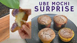 Ube Surprise Mochi Butter Muffins Recipe: Fluffy Mochi Butter Cupcakes with gooey QQ mochi surprise