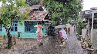 Walking in heavy rain hit Indonesia's countryside, rain sounds for relaxation and sleeping, 3 hours