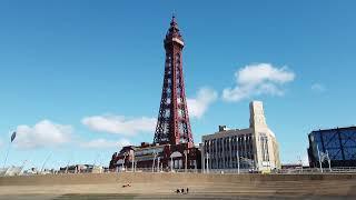 blackpool walkabout though the town to the beach blue skies and sunny today