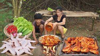 Survival in forest, Chicken wing salad cooking tasty & eating delicious in jungle, Survival cooking