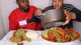 African Food Eating Competition | Fufu and okra stew with goat meat