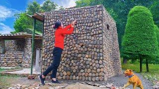 Pouring Concrete Roof & Decorate Bathroom Walls with many stone - BUILD LOG CABIN -  Farm Girl