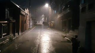 Solo Night Heavy Rain Walk in Bukchon Village in Seoul. Relaxing Sound for Sleep Study Meditation.