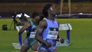 World Champion Shericka Jackson of MVP took the 100m in 10.78s at the Racers Grand Prix