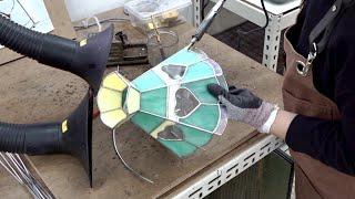 Process Of Glass Sculptures Becoming Beautiful Lamp. Korean Stained Glass Engineer