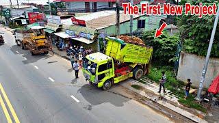 Wonderful Filling Up Land & Stone In To Forest, By Bulldozer KOMATSU D31p, Dump Truck Unloading