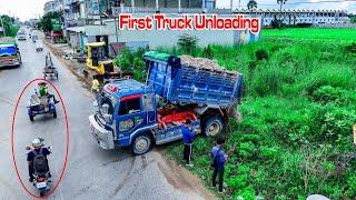 Wonderful First Starting New Project Land fill up processing Dump truck unloading soil & Dozer D61EX