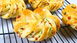 Easy Bread No knead Recipe Ham & Scallions Bread So Fluffy & Yummy 面包，火腿葱香花朵面包， 松软 ▏Gabaomom Cuisine