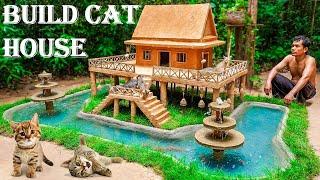 Rescue Cats Building Mud House Cat And Fish Pond for Raising Red Fish