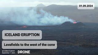 Lava falls north of crater. Lavafields overview. Drone flyover in stormy weather. Iceland Eruption.