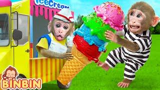 Monkey Binbin Take Rainbow Ice Cream Truck and Swims in the Pool with Funny Animal | MONO BINBIN ESP