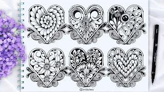 6 Zentangle Hearts ideas | How To Draw zentangle Heart | Zentangle Art