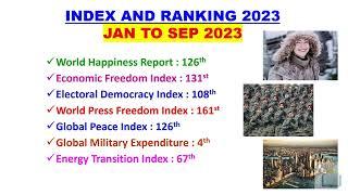 Index and Ranking 2023|Jan to Sep 2023|Most Important Questions|Updated Current Affairs