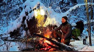 SNOW CAMP - no tent-  natural bushcraft shelter - no sleeping bag - solo overnight. ASMR