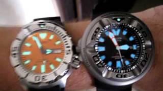 Citizen Promaster Diver's 300m vs. Seiko Orange Monster (SKX781) - Lume comparison