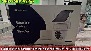 ANSQUE 4 Camera Wireless Security system, Solar Powered 360°PTZ Auto Tracking 2K Color Night Vision