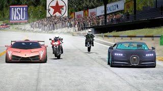 Kawasaki Ninja H2R vs Suzuki TL1000R vs Lamborghini Veneno vs Bugatti Chiron at Old SPA