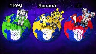 JJ's Optimus Prime vs Mikey's Megatron vs Banana kid's Bumblebee Survive Planet Battle in Minecraft