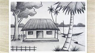 Village landscape Scenery Art, House Scenery Drawing, Pencil Drawing