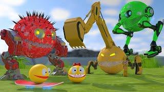 Pacman and Flying Two-Legged Robot Pacman vs Excavator Robot and Walking Combat Robot | StrEat