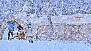 HEAVY SNOW ️ BIG AIR TENT CAMPING, WITH HOT STOVE. Firewood and snow sound ASMR