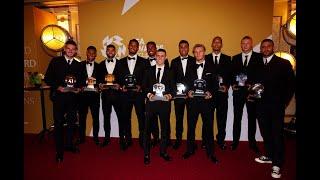 All 11 of PFA Premier League Team of the Year on stage.