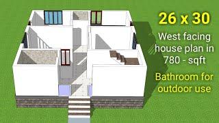 26 x 30 West facing house plan | Simple and compact floor plan within 800 square feet | 2bhk plan