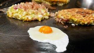 Japanese Street Food - OKONOMIYAKI Seafood Pancake Osaka Japan