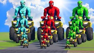 Big & Small: Red Spider-man vs Green Spiderman vs Blue Spiderman on a Quad Bike vs Thomas the Train