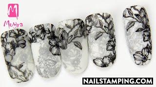 Black and white layered stamping nail art (nailstamping.com)