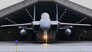 Fast takeoff of US Air Force F-15 Eagle fighters from an air base in Iceland.