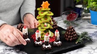 Elegant Edible Table Decorations for Your Next Celebration: Christmas Tree, Pine Cones, and Candles.