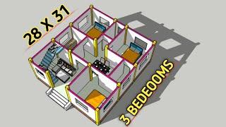 28x31 house plan with 3 bedrooms and large living room !! 3 bedrooms house plan !! 28x31 house plan