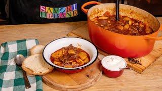 Goulash the Traditional Hungarian Recipe of Beef Stew with Paprika Sauce, Potatoes CC| Savori Urbane