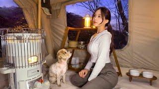 Grilling Pizza on the stove in a cozy Air tent | Camping Vlog with dogs