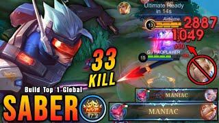 33 Kills + 2x MANIAC!! Saber Monster Jungler (ONE SHOT DELETE) - Build Top 1 Global Saber ~ MLBB