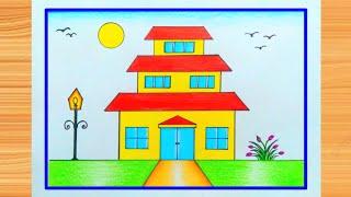 Triple level house drawing / easy house drawing / How to draw landscape very easy step by step