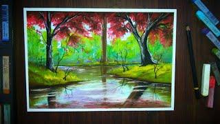 Draw Colourful Landscape with (realistic) water reflection for beginners - Soft Pastel Drawing.