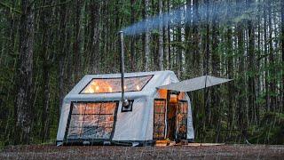Ep. 17: Cozy Winter Camping in the Rain with Inflatable Tent and Wood Stove [ASMR, Heating Pad]