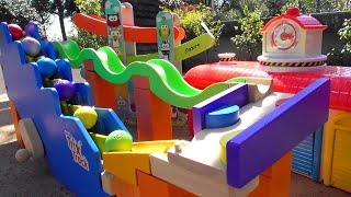 Marble Run ASMR Race  HABA Slope & Dump Truck Excavator Ambulance Forklift Garbage Truck Tractors#1