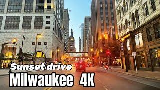 Milwaukee 4K , driving in downtown Milwaukee in sunset , driving at night , Wisconsin USA