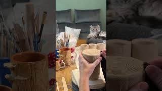 Cozy mushroom mug making day with sweet Eclipse supervising. #pottery #ceramicmug #kitten #mushroom