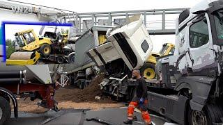 VN24 - Truck crashes into low-loader ahead with road roller - full recovery