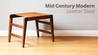 Mid Century Modern Stool with Leather Seat - Woodworking