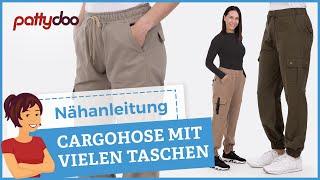 Nähanleitung für sportliche Cargohose mit Klappentaschen, Passe, Fake-Schlitz & Gummibund 