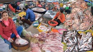 Delicious Fresh Fish, Dried Fish Seafood, Vegetables - Cambodian Market Food Tour Early Morning